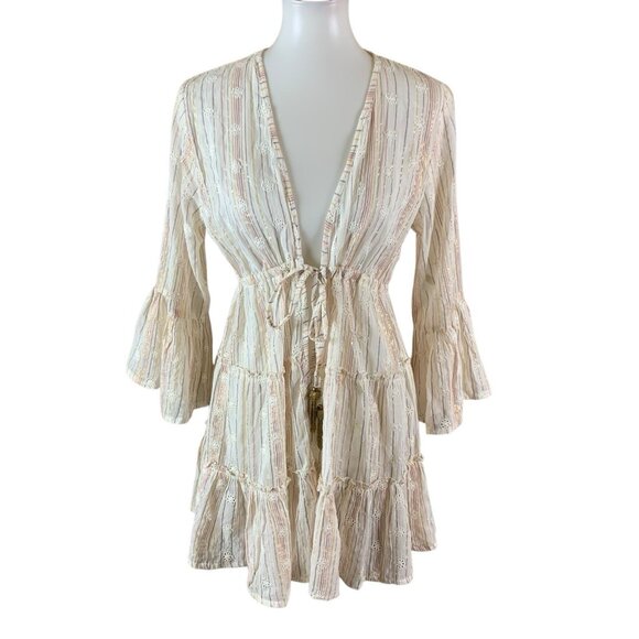 Blue Island Boho Embroidered Stripe Tassel Tie Front Coverup Kimono Small - Picture 1 of 5